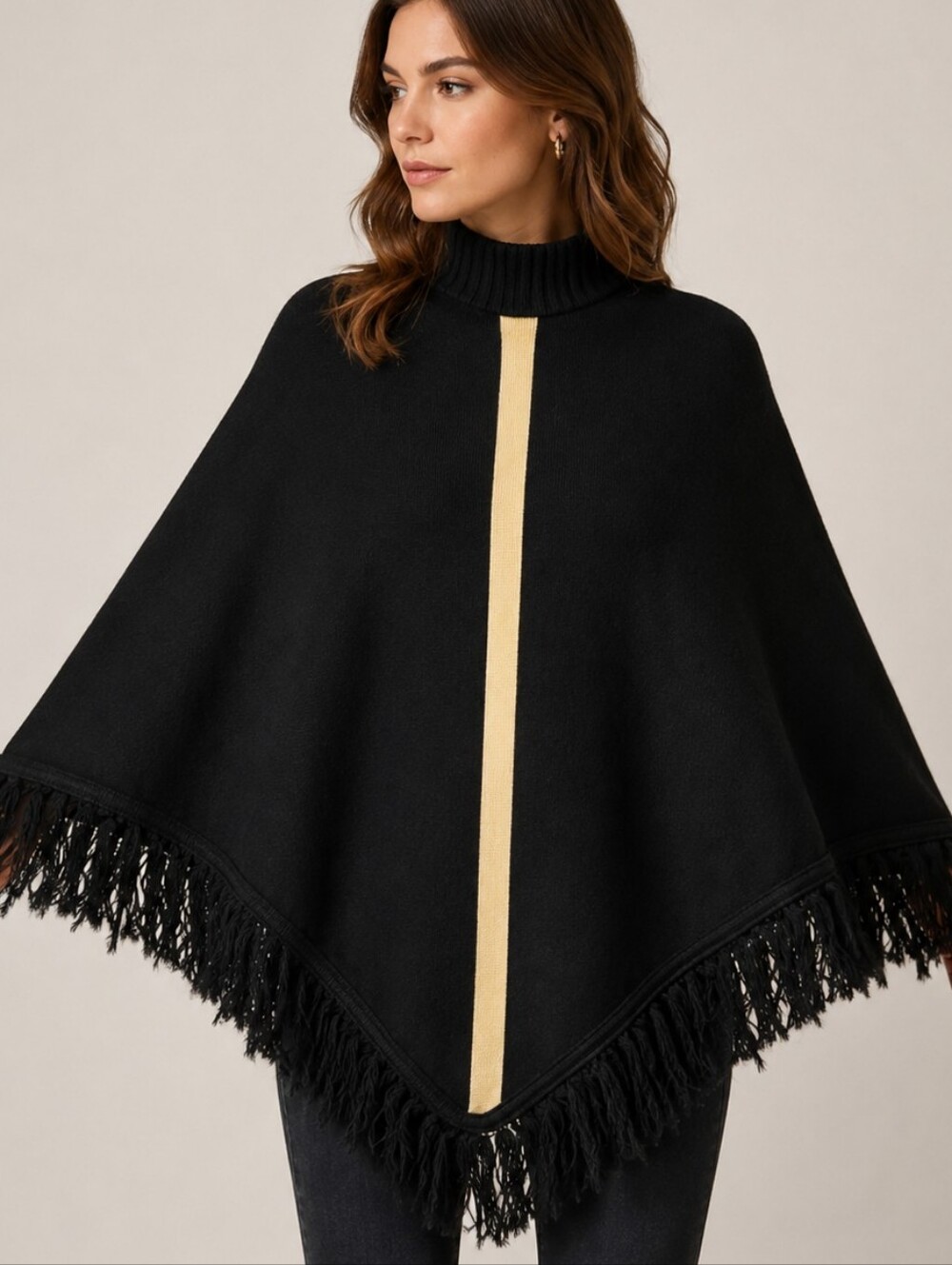 Vintage Black Fringe Poncho Cape Cream Stripe Boho 70s Festival Shawl XS